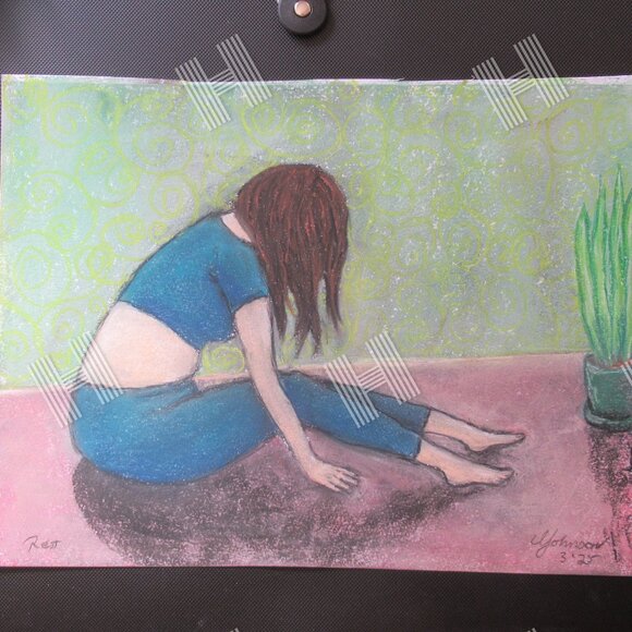 'Relax' Pastel Painting on Paper, Yoga, Woman, Colourful, 12" x 9", Original - Picture 1 of 8